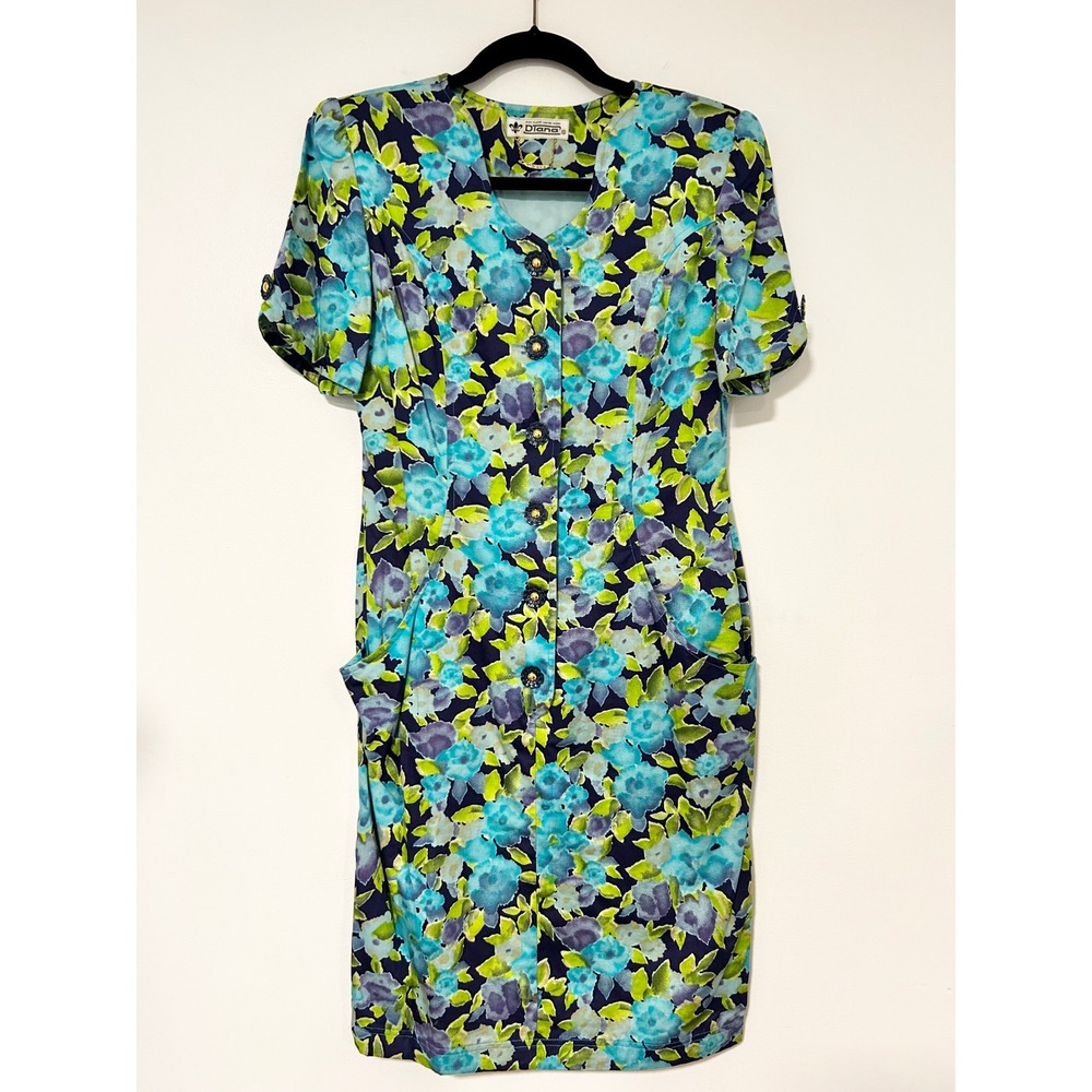 Diana Style Blue Green Floral Cotton Button Front Pocket Shift Dress Size 10